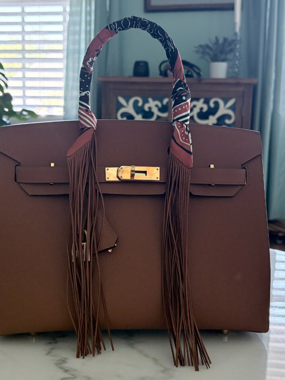 Burgundy Equestrian Purse Handbag Scarf with Fringe - Picture 3 of 10